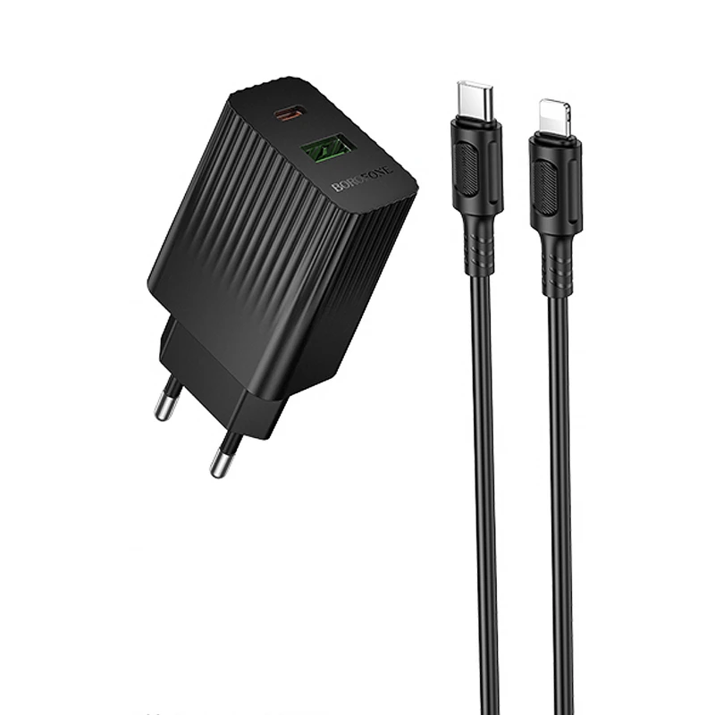 СЗУ Borofone BAS76A Source PD30W+QC3.0 (1USB-A/1C) + кабель Type-C to Lightning – Black. Фото 1 из 4