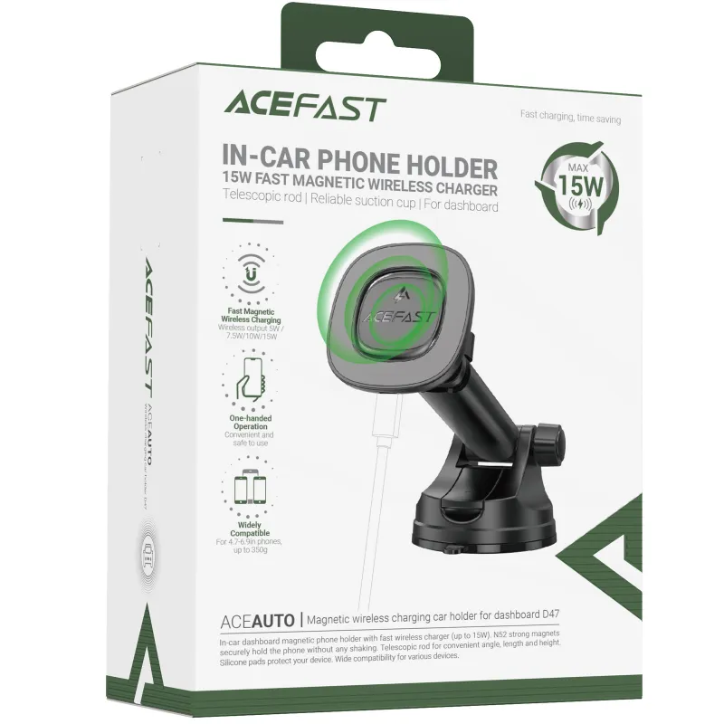 Автотримач з БЗП Acefast D47 Magnetic Charging 15W (center console) – Black. Фото 2 з 5