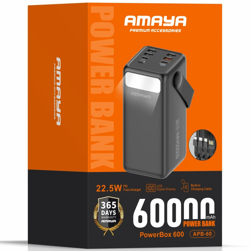 Портативное ЗУ Power Bank Amaya APB-60 22.5W flashlight with cable 60000 mAh – Black. Фото 2 из 2