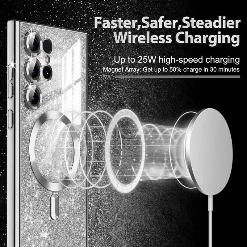 Чехол с блесками, защитными линзами на камеру и MagSafe для Samsung Galaxy S25 Ultra – Серый / Gray. Фото 4 из 4