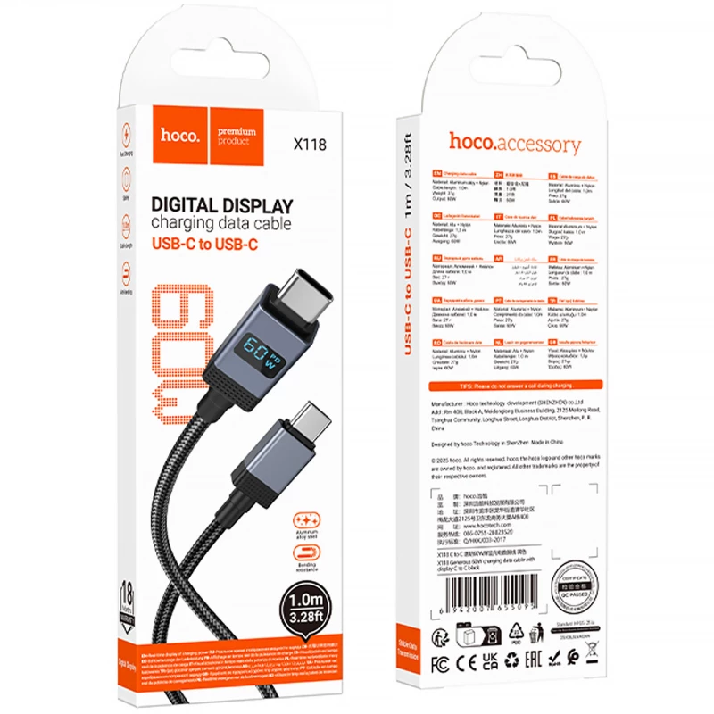 Дата кабель Hoco X118 Generous with display Type-C to Type-C 60W (1m) – Black. Фото 5 з 6