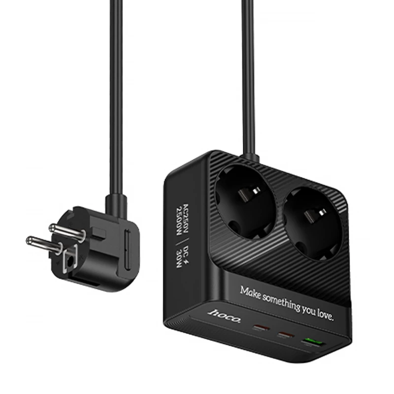 Удлинитель Hoco AC27 Descanso (PD30W/2C/1A/2xSocket) (2m) – Black. Фото 1 из 5