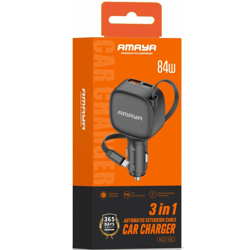АЗУ Amaya ACC-12C PD57.5W+QC3.0  total 84W (1USB-A/1C) with retractable cable Type-C – Black. Фото 2 из 2