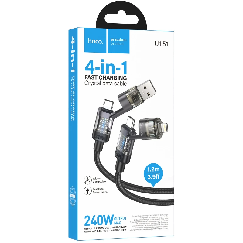 Дата кабель Hoco U151 Goldsmith 4in1 Type-C to Lightning/Type-C to USB 240W (1.2m) – Black. Фото 2 з 5