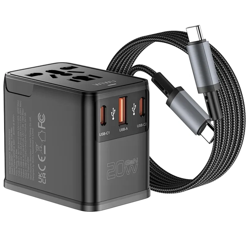 Мережевий універсальний перехідник WIWU UA013 20W GaN + 1USB-A/2C with retractable cable Type-C – Black. Фото 3 з 5