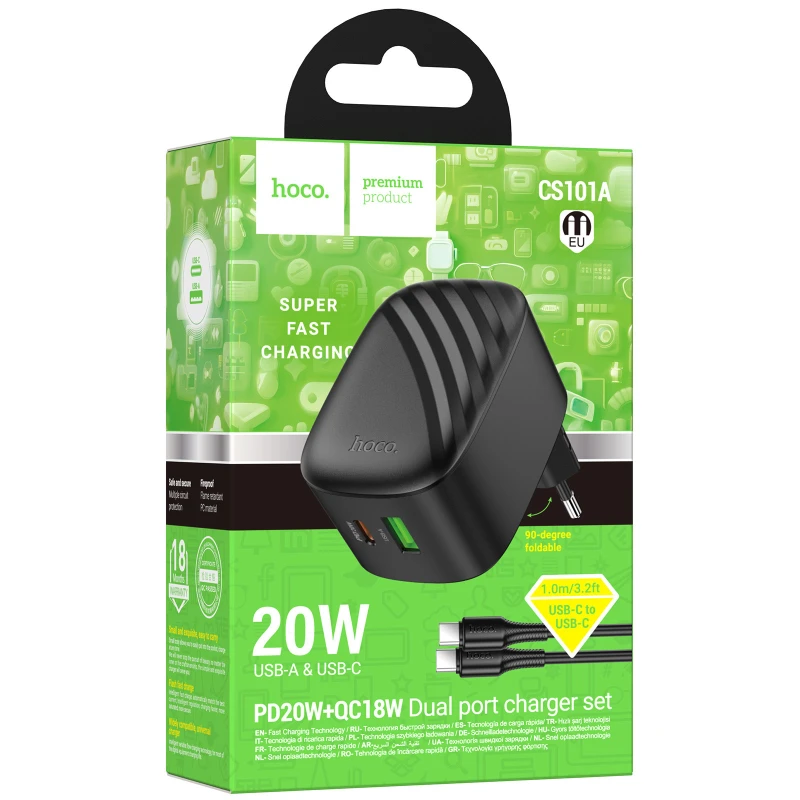 МЗП Hoco CS101A Folding PD20W+QC3.0 (1USB-A/1C) + кабель Type-C to Type-C – Black. Фото 2 з 6