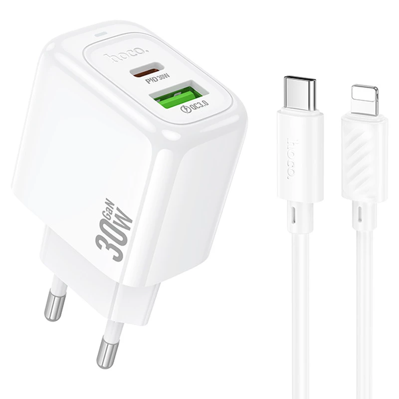 СЗУ Hoco CS55A Surplus PD30W+QC3.0 (1USB-A/1C) + Type-C to Lightning – White. Фото 1 из 7
