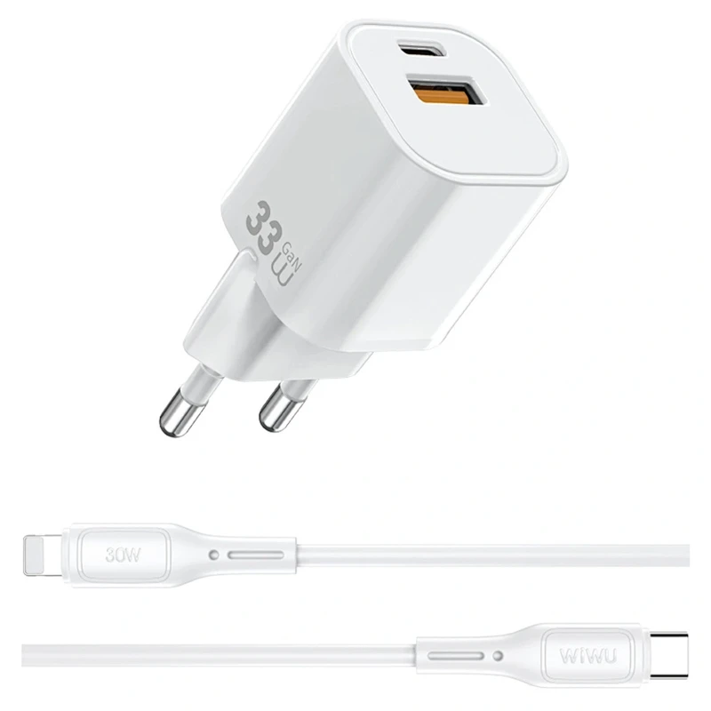 МЗП WIWU G018 Cube PD33W+QC3.0 GaN (1USB-A/1C) + кабель Type-C to Lightning – White. Фото 4 з 5