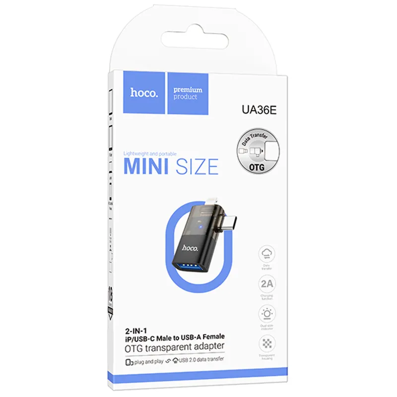 Переходник Hoco UA36E Combo 2-in-1 (Type-C/Lightning to USB2.0) – Black. Фото 2 из 4
