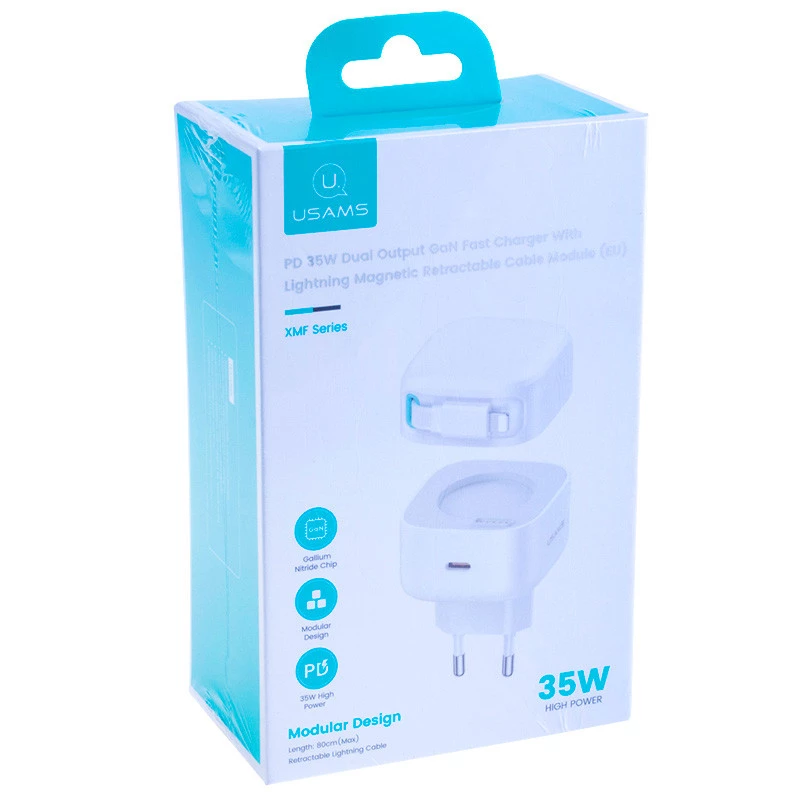 МЗП Usams US-CC209 GaN With Lightning Magnetic Retractable Cable Module XMF Ser. 35W (2USB-C) – White. Фото 6 з 7