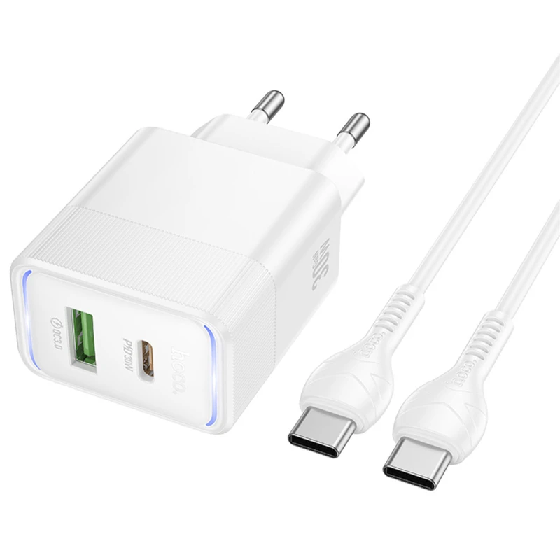 СЗУ Hoco CS112A Lounge PD30W+QC3.0 (1USB-A/1C) + кабель Type-C to Type-C – White. Фото 2 из 4