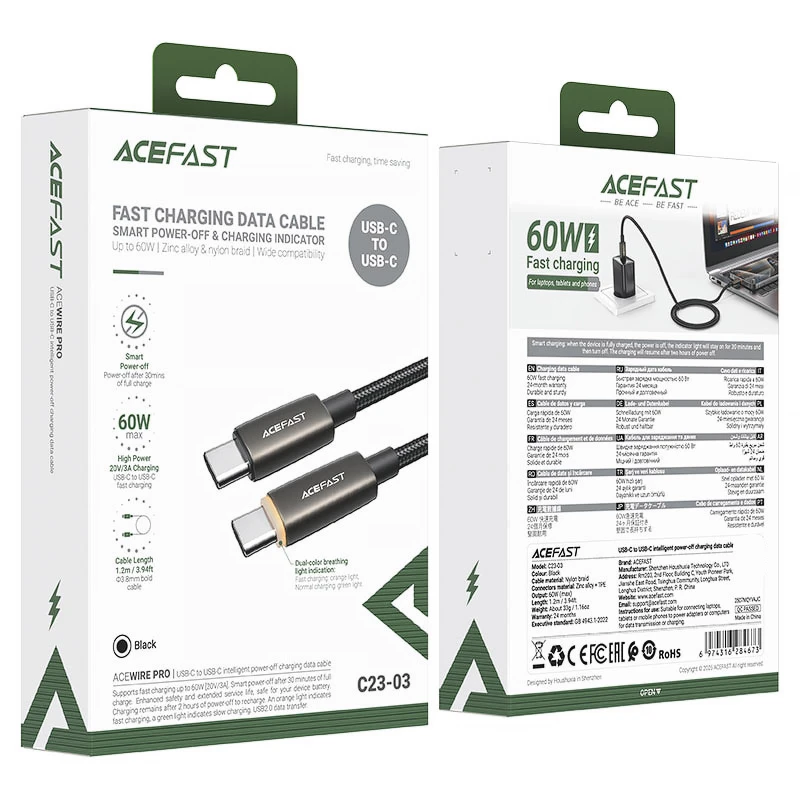 Дата кабель Acefast C23-03 Type-C to Type-C 60W (1.2m) – Black. Фото 4 из 4