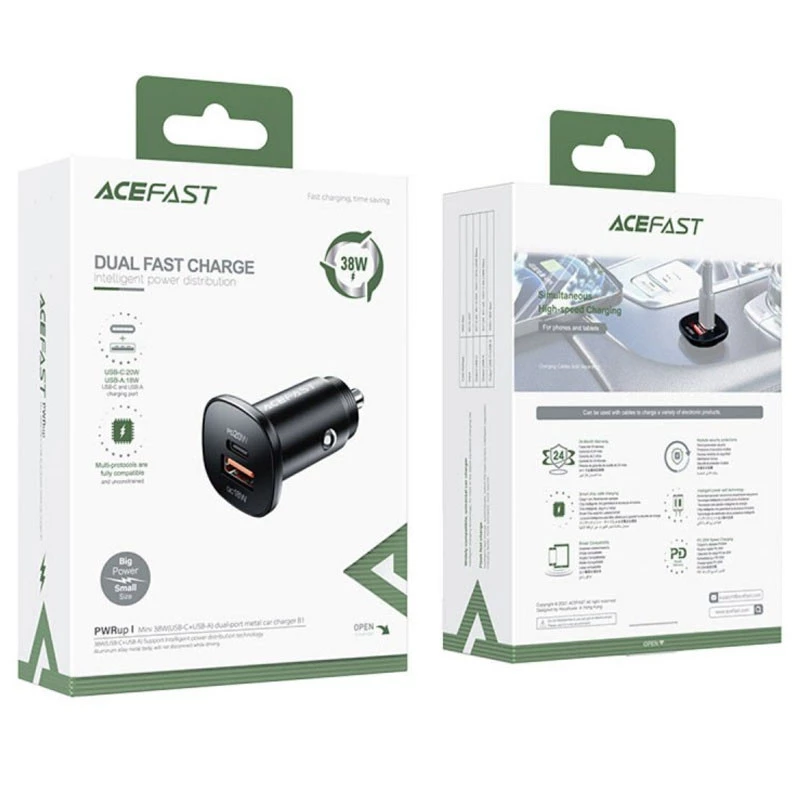 АЗУ Acefast B1 mini 38W (USB-C+USB-A) dual-port metal car charger – Black. Фото 5 из 5