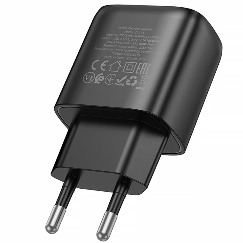 МЗП Hoco C141A Smart 2.1A (2USB-A) – Black. Фото 2 з 4