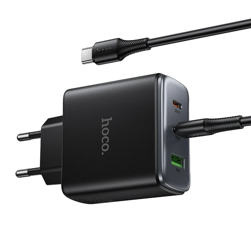 СЗУ Hoco C160A Upgrade PD65W+QC3.0 (1USB-A/2C) + кабель Type-C to Type-C – Black. Фото 5 из 6