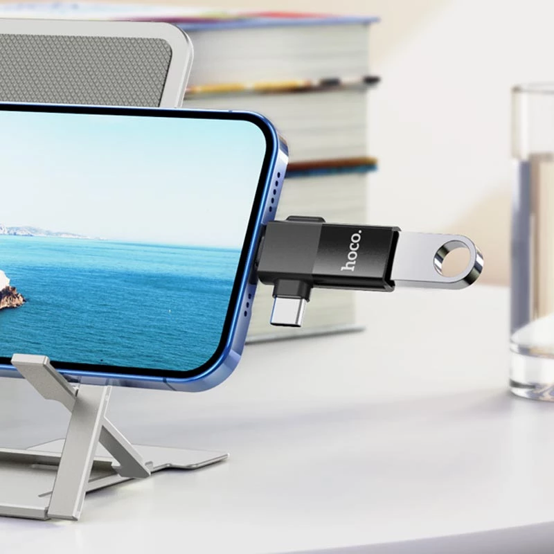 Перехідник Hoco UA17 2in1 Lightning Male/Type-C Male to USB female – Black. Фото 4 з 6