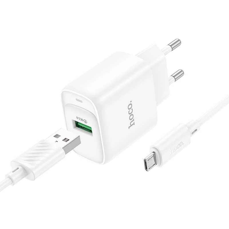 МЗП Hoco C140A Smart QC3.0 18W (1USB-A) + кабель USB to MicroUSB – White. Фото 1 з 5