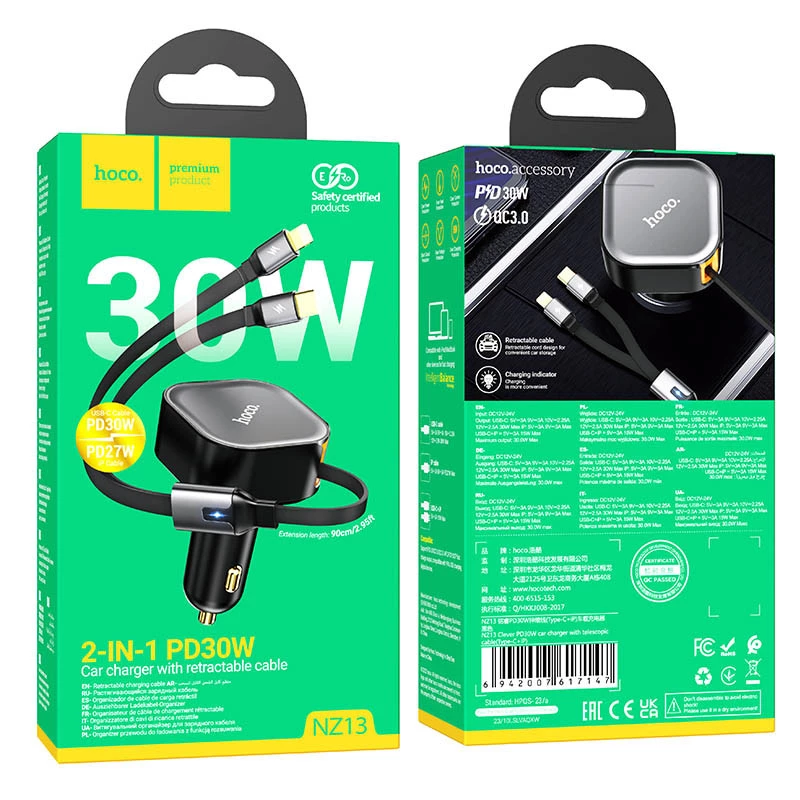 АЗУ Hoco NZ13 Clever PD30W with telescopic cable Type-C to Lightning – Black. Фото 6 из 8