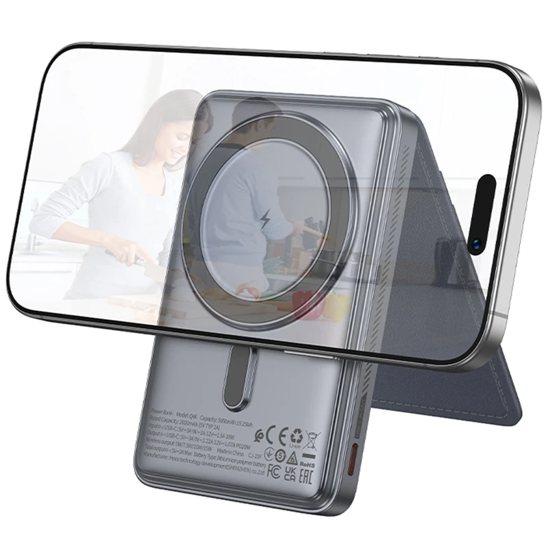 Портативний ЗП Power Bank Hoco Q46 Title PD20W з БЗП+card holder 5000 mAh – Silver gray. Фото 4 з 6