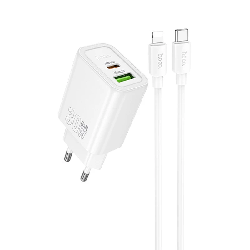 СЗУ Hoco N63 Gentle PD30W+QC3.0 (1USB-A/1C) + кабель Type-C to Lightning – White. Фото 1 из 8