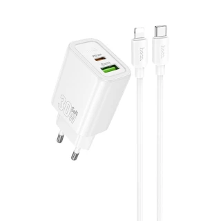 СЗУ Hoco N63 Gentle PD30W+QC3.0 (1USB-A/1C) + кабель Type-C to Lightning фото 1 из 8