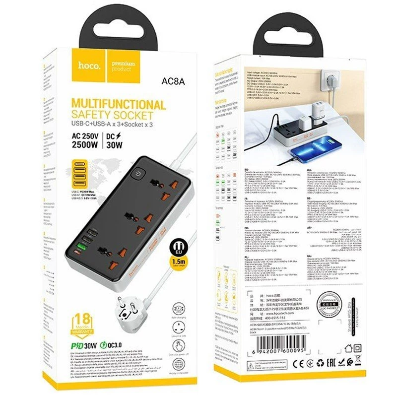 Подовжувач Hoco AC8A Storm (PD30W/1C/3A/3xSocket) (1.5m) – Black. Фото 2 з 4