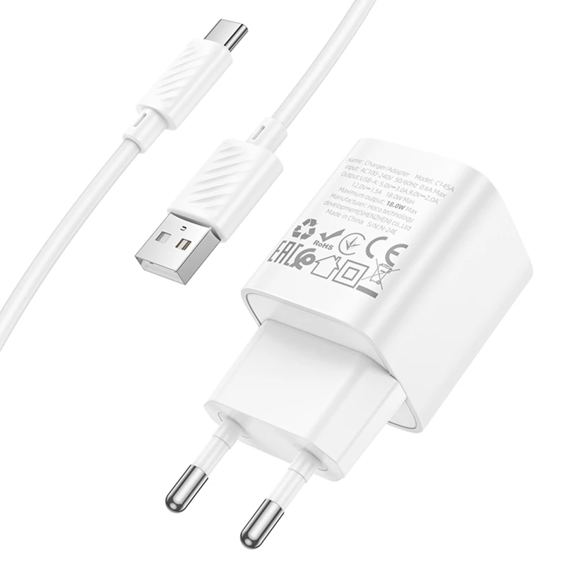 МЗП Hoco C145A Charm QC3.0 18W (1USB-A) + кабель USB to Type-C – White. Фото 7 з 7
