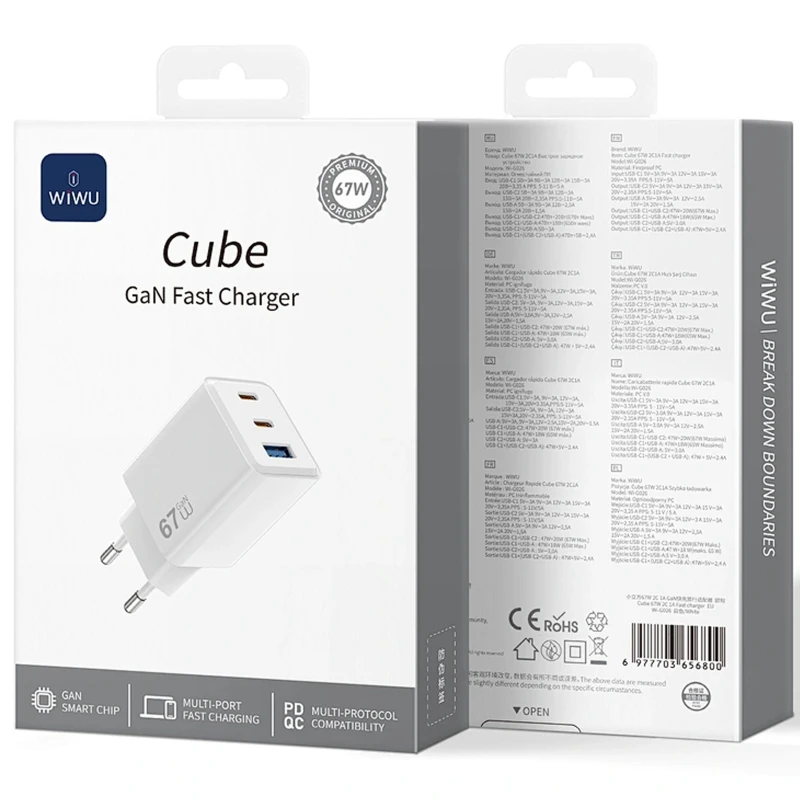 МЗП WIWU G026 Cube PD67W+QC3.0 GaN (1USB-A/2C) – White. Фото 4 з 4
