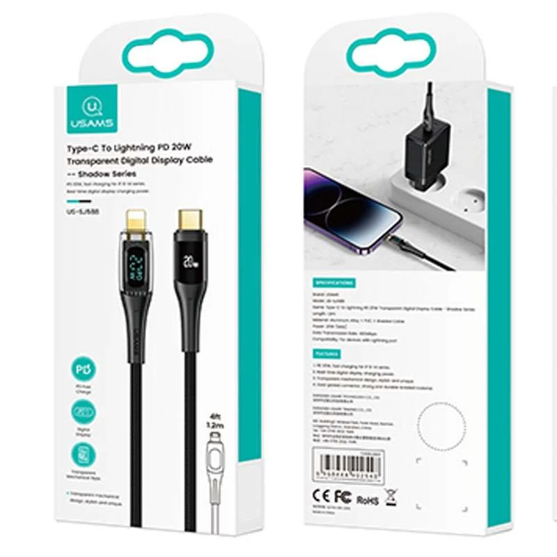 Дата кабель USAMS US-SJ588 Type-C to Lightning PD 20W Transparent Digital Display (1.2m) – Black. Фото 6 з 6
