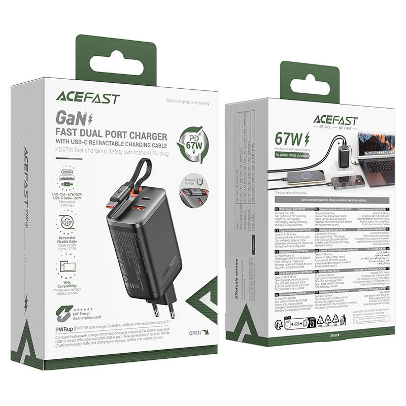 СЗУ Acefast A111 GaN With Retractable Cable Type-C PD67W (1USB-A/1C) – Black. Фото 6 из 6