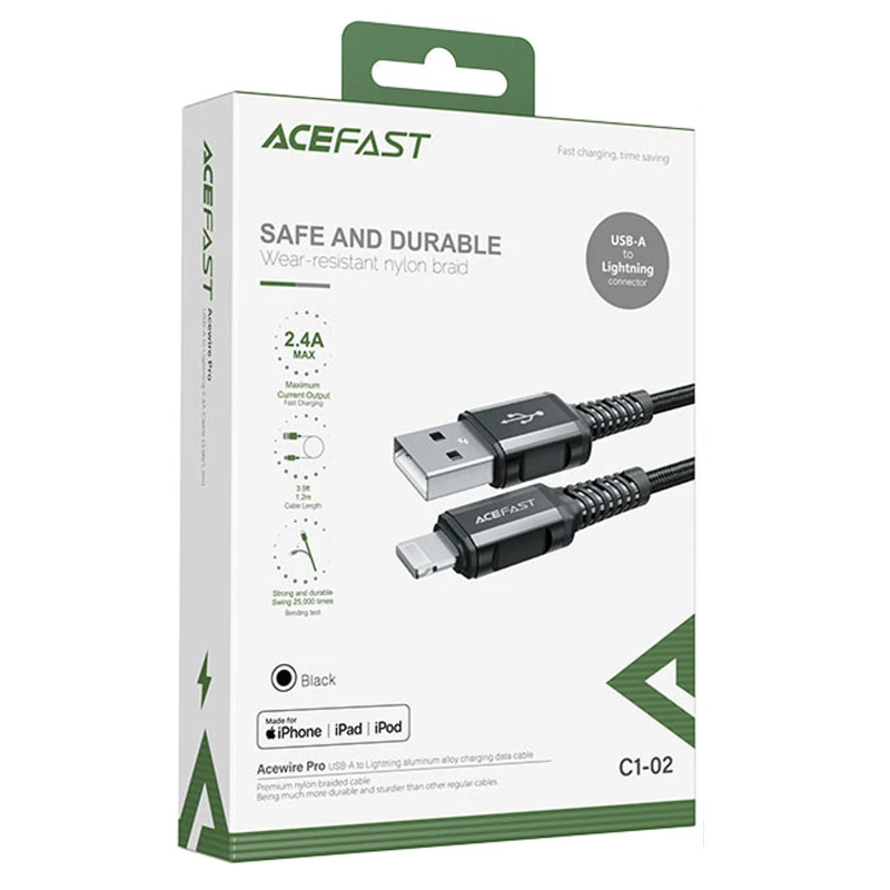 Дата кабель Acefast C1-02 USB to Lightning 2.4A (1.2m) – Black. Фото 4 из 4