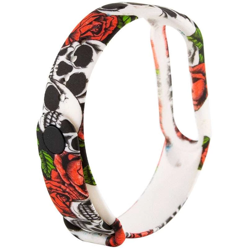 Силіконовий ремінець з малюнком для Xiaomi Mi Band 5 – Черепи и троянди / Червоний. Фото 3 з 3