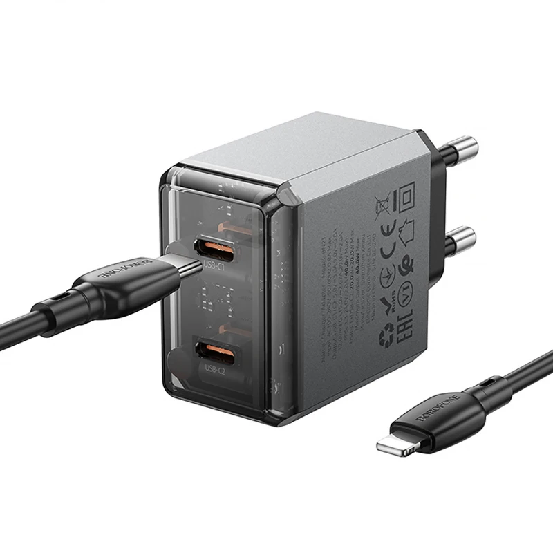 СЗУ Borofone BN21 Lena PD40W+QC3.0 (2USB-C) + кабель Type-C to Lightning – Metal gray. Фото 4 из 6