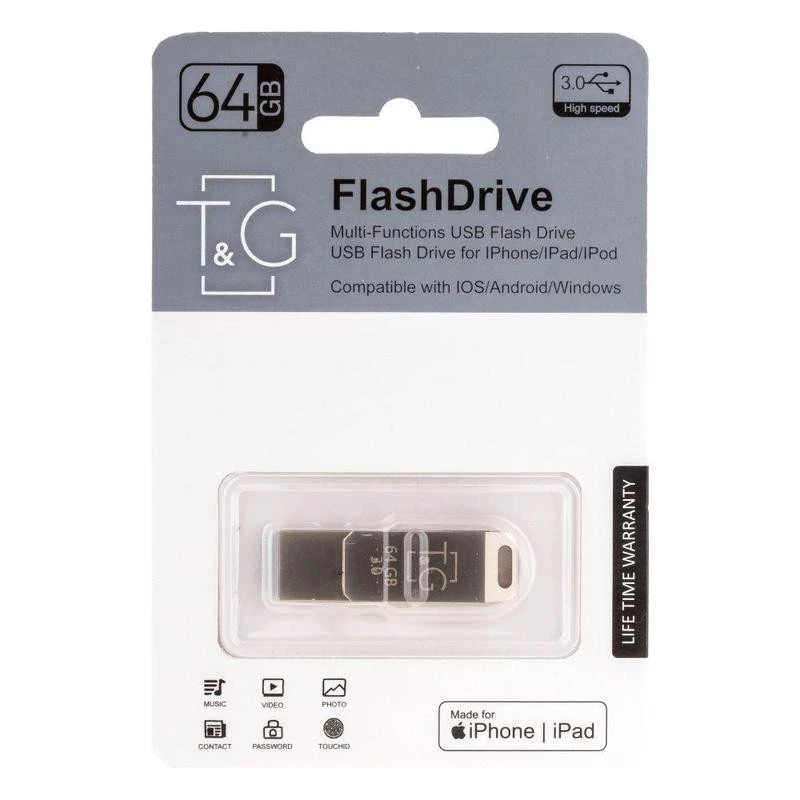 

Флеш-драйв T&G 008 Metal series USB 3.0 - Lightning 64GB (Срібний)
