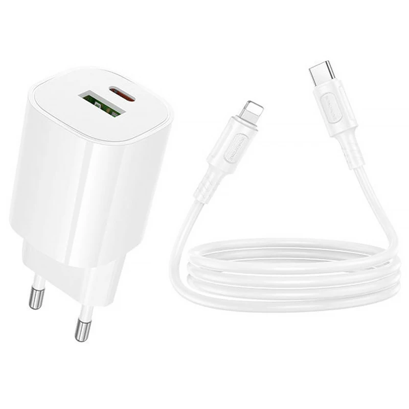 СЗУ Borofone BA104A Pudding PD20W+QC3.0 (1USB-A/1C) + кабель Type-C to Lightning – White. Фото 3 из 4
