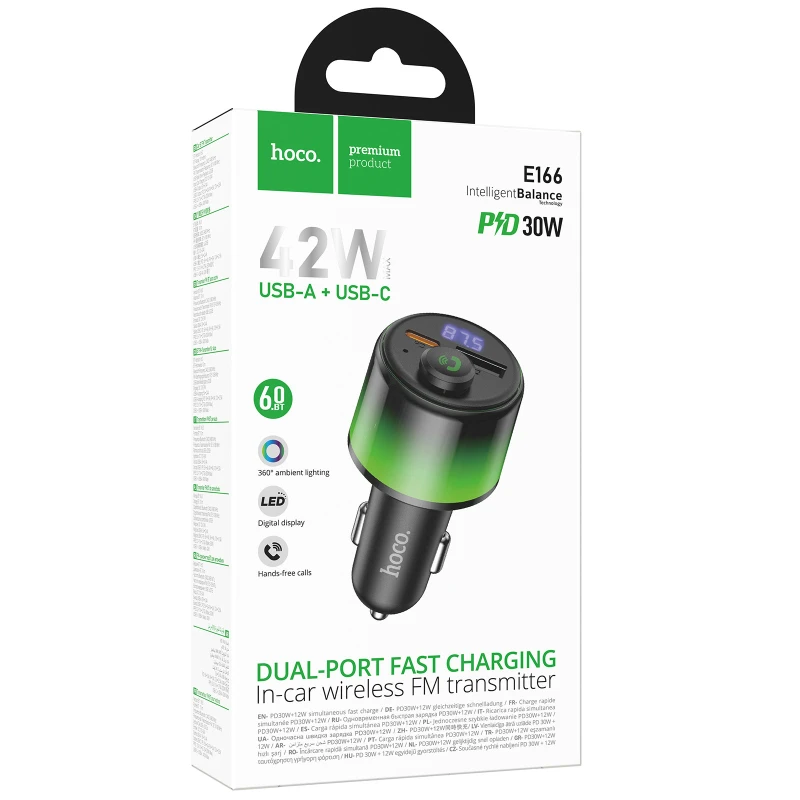АЗП FM модулятор Hoco E166 Path PD42W+QC3.0 (1USB-A/1C) – Black. Фото 2 з 6