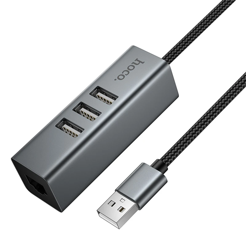 Перехідник HUB Hoco HB1D USB to USB2.0*3+RJ45 – Metal gray. Фото 6 з 6