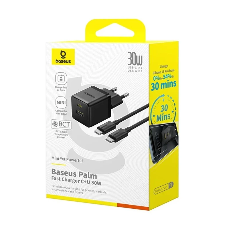 СЗУ Baseus Palm Fast Charger 30W (1USB-A/1C) + кабель Type-C to Type-C (P1011160A) – Cluster Black. Фото 6 из 6