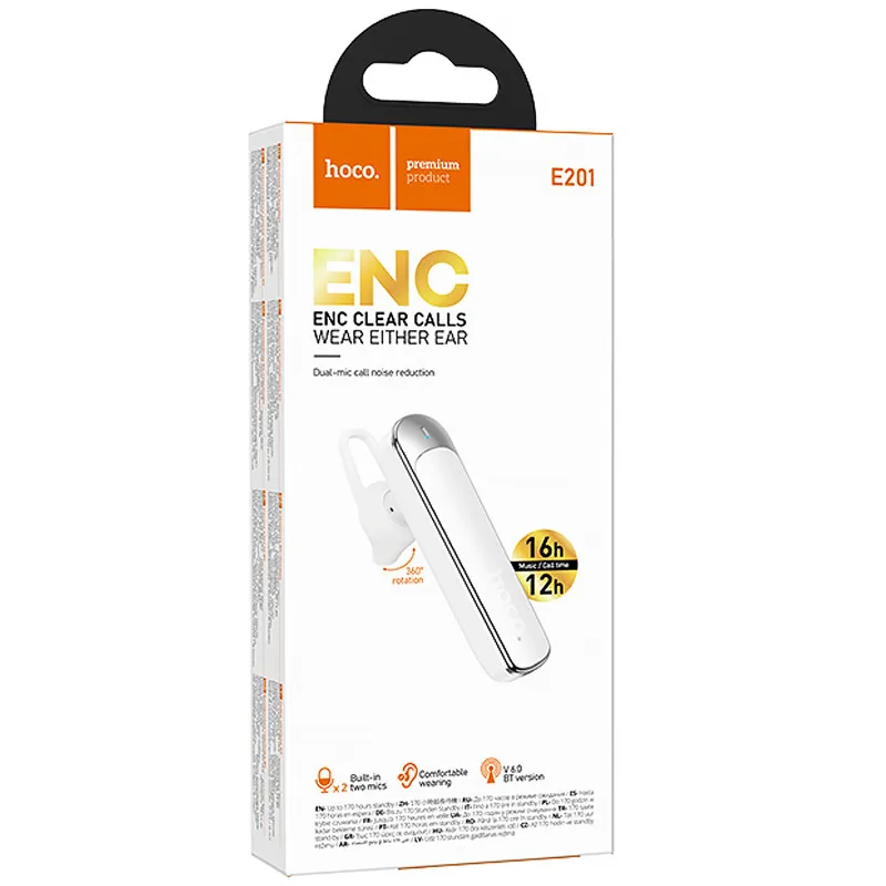 Bluetooth моно-гарнитура Hoco E201 Exceed ENC – White. Фото 2 из 4