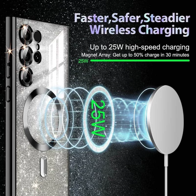 Чехол с блесками, защитными линзами на камеру и MagSafe для Samsung Galaxy S22 Ultra – Черный / Black. Фото 4 из 4