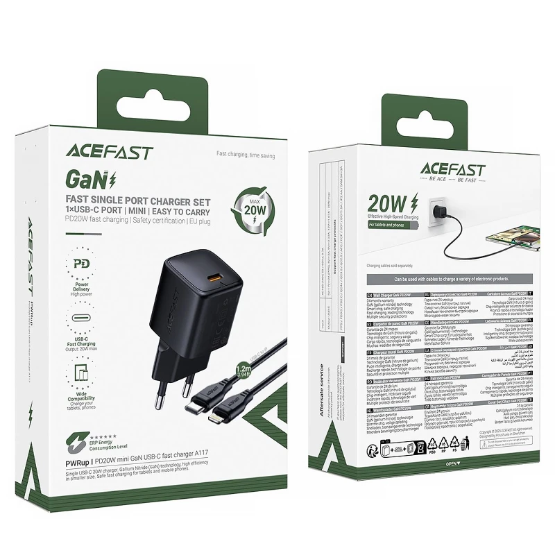 СЗУ Acefast A117 mini PD20W GaN (1USB-C) + кабель Type-C to Lightning – Black. Фото 6 из 6