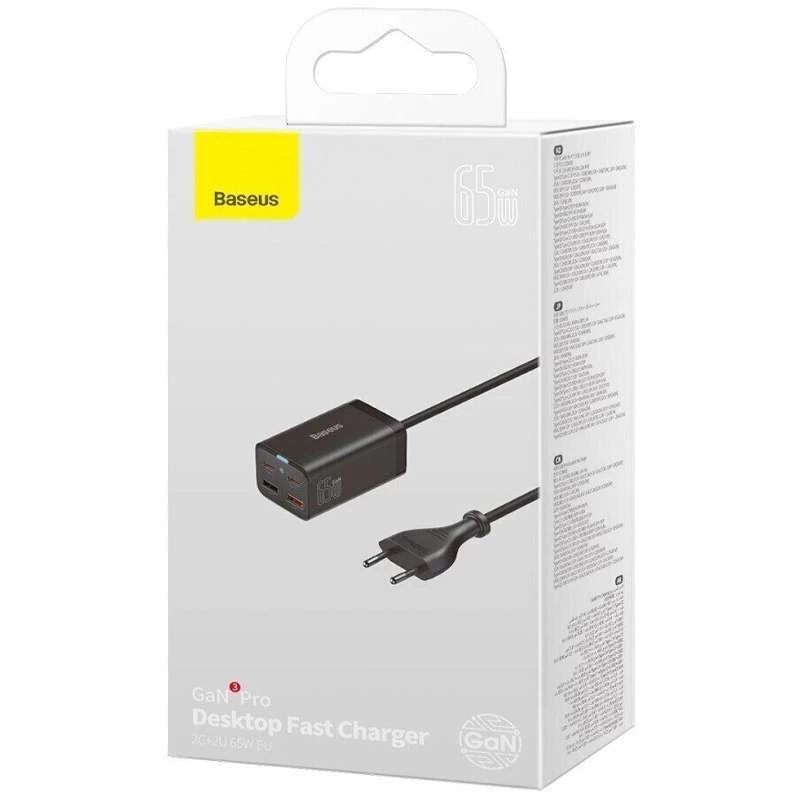 МЗП Baseus GaN3 Pro 2хType-C+2USB 65W EU (with Cable Type-C to Type-C 100W (20V/5A) 1m) (CCGP04) – Black. Фото 6 з 6