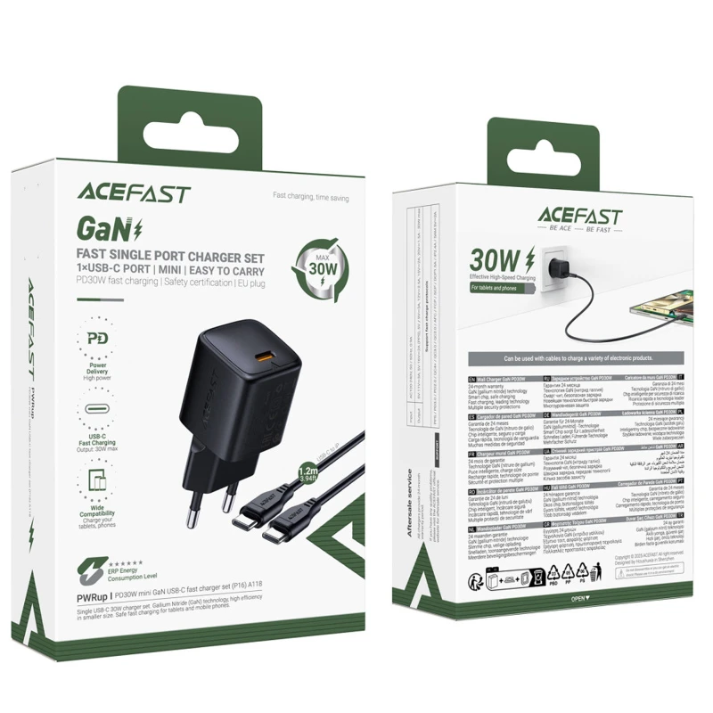 СЗУ Acefast A118 PD30W GaN (1USB-C) + кабель Type-C to Type-C – Black. Фото 3 из 5