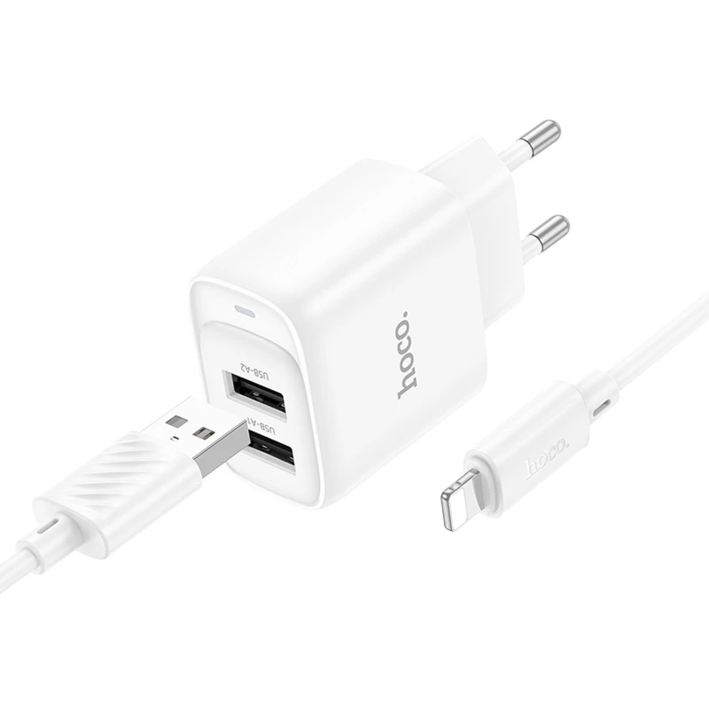 СЗУ Hoco C141A Smart 2.1A (2USB-A) + кабель USB to Lightning – White. Фото 3 из 4