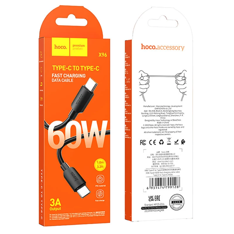 Дата кабель Hoco X96 Hyper Type-C to Type-C 60W (1m) – Black. Фото 6 з 6