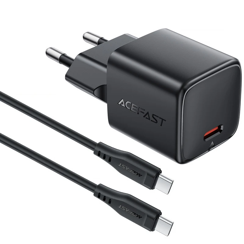 СЗУ Acefast A118 PD30W GaN (1USB-C) + кабель Type-C to Type-C – Black. Фото 2 из 5