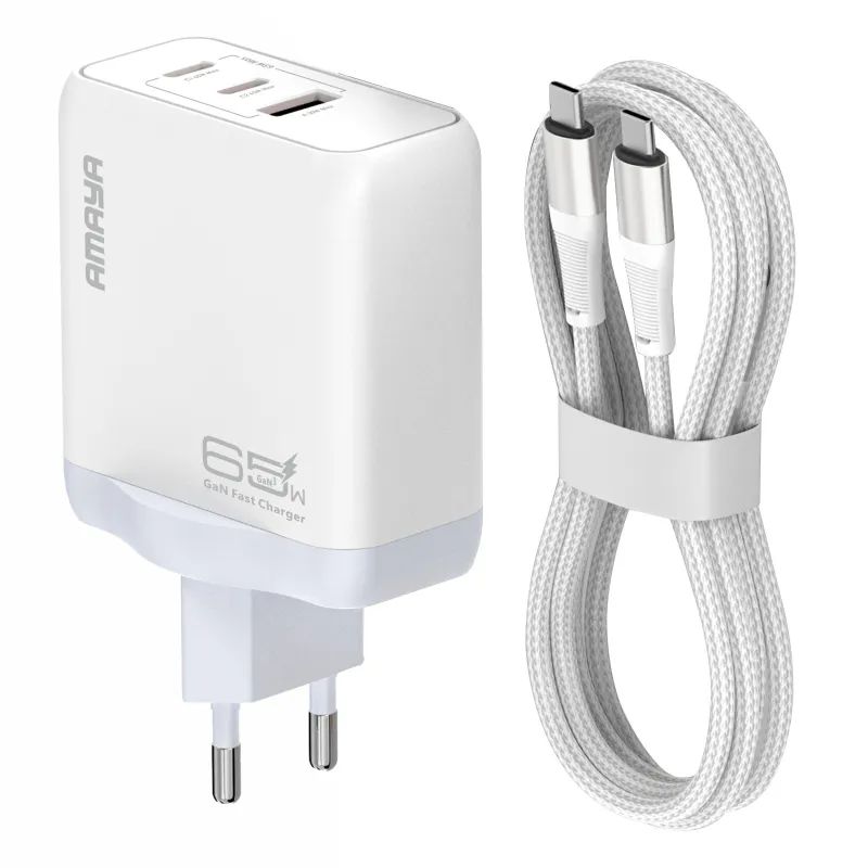 МЗП Amaya E780T PD65W+QC3.0 GaN (1USB-A/1C) + кабель Type-C to Type-C – White. Фото 1 з 2