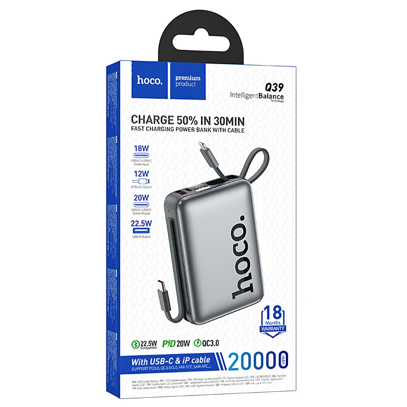 Портативное ЗУ Power Bank Hoco Q39 Eminente 22.5W+PD20W с БЗУ Type-C + Lighting 20000 mAh – Metal gray. Фото 2 из 3
