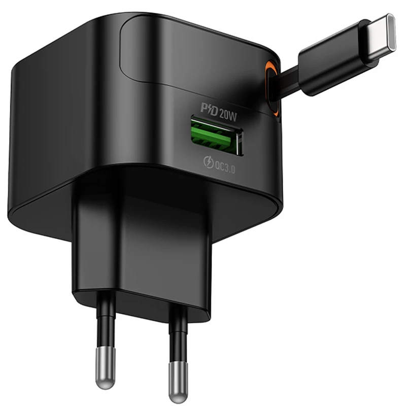 МЗП Hoco C154A Changer With Retractable Cable Type-C PD20W+QC3.0 (1USB-C) – Black. Фото 5 з 6