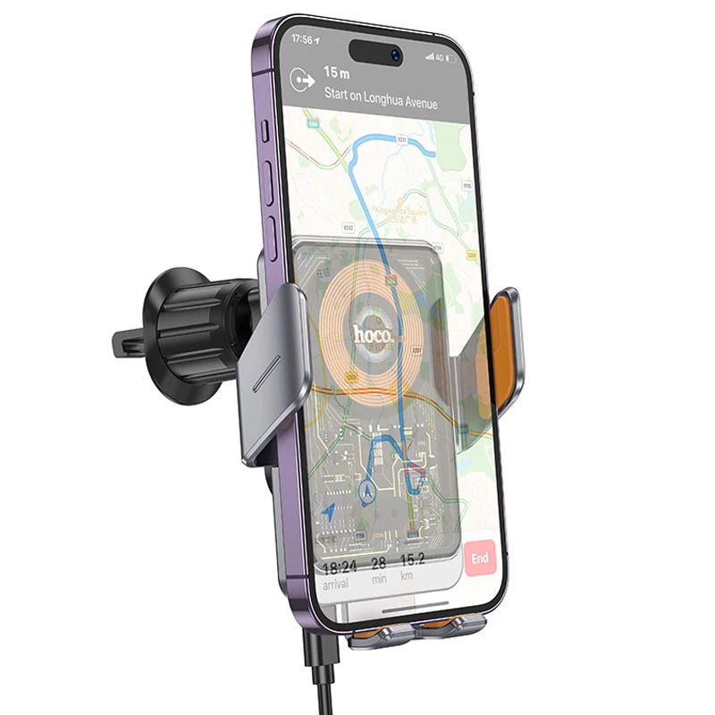 Автодержатель с БЗУ Hoco HW7 Transparent Discovery Edition (air outlet) – Metal gray. Фото 2 из 8